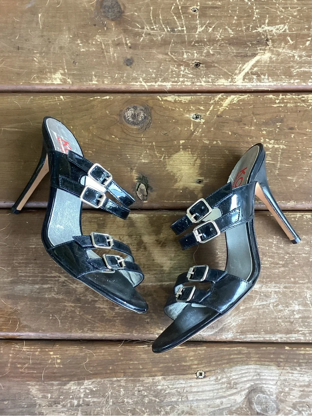 Michael Kors Black Patent Leather Open Toe Strappy Buckle Heels Italy Shoes 8.5